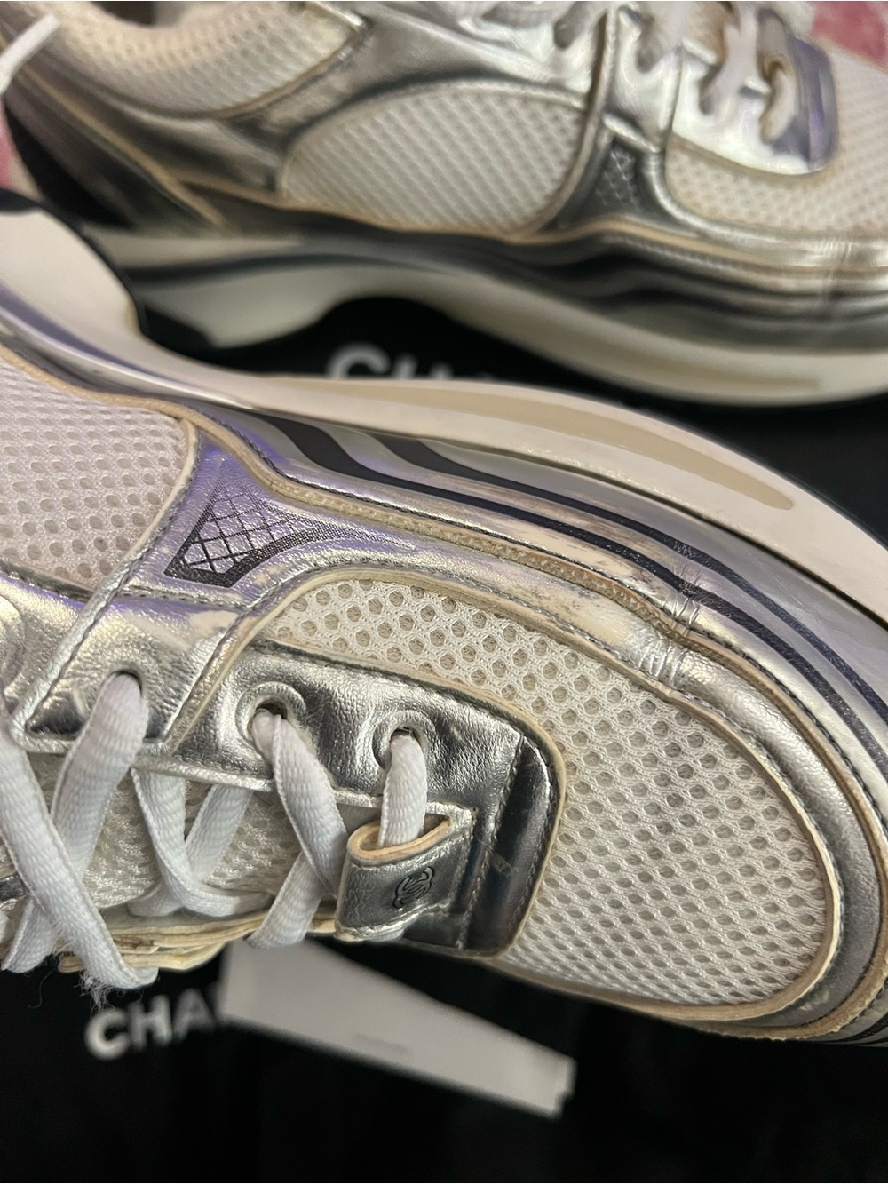 Chanel Silver Metallic Mesh Platform Sneakers - Women's - Picture 7 of 10
